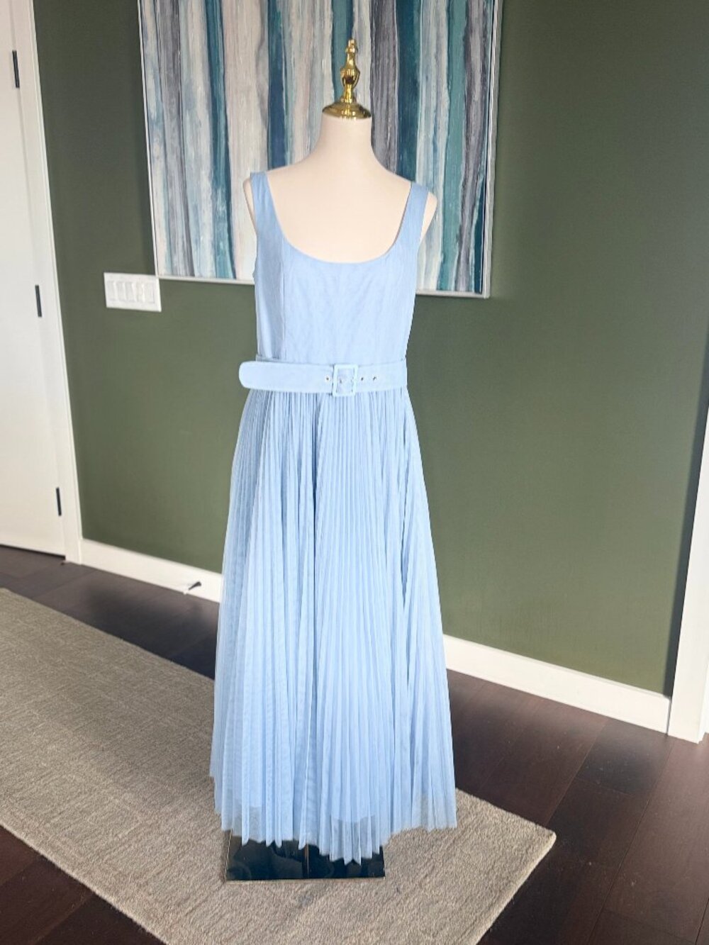 Anthropologie - Hutch Light Blue Pleated Midi Dress Sleeveless Belted Size 14